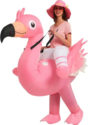 Vista 4 de One Casa Disfraz inflable de flamenco para montar en el aire de flamenco divertido vestido de fiesta de Halloween para adultos