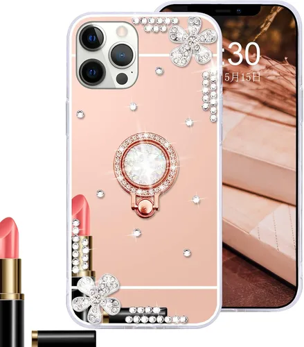 Vista 7 de Compatible con iPhone 13 - Funda con espejo de maquillaje para mujeres y niñas, funda de lujo con diamantes de imitación brillantes con anillo