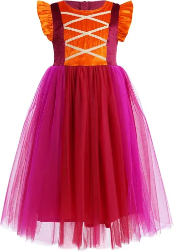 Vista 2 de FYMNSI Kids Girls Witch Costume Witch Sisters Dress Cape Cloak Wigs Halloween Cosplay Outfit Fancy Dress up Witch Dresses