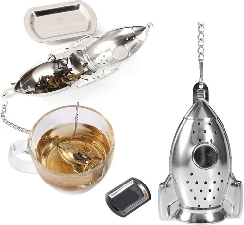 Vista 7 de Colador de té de acero inoxidable en forma de cohete Infusor de té suelto Difusor de intervalo de té con gancho de cadena extendido y bandeja