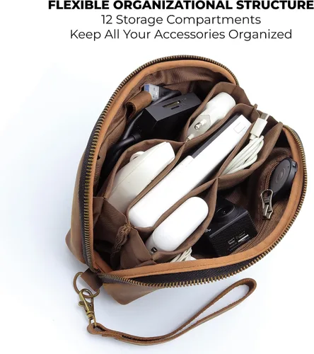 Vista 2 de Bolso de cuero para tecnología con cables y cargadores Bolso de tecnología Bolso de accesorio de viaje con cremallera Estuche organizador