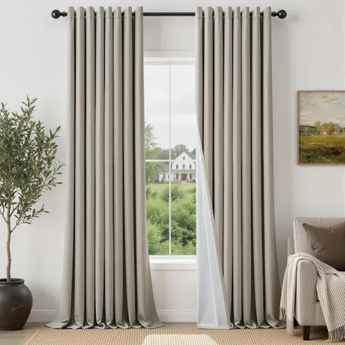 Vista 19 de Cortinas de 100 pulgadas extra anchas 100% opacas marfil con ojales, lino Natural