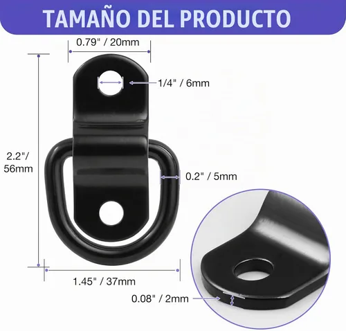 Vista 3 de 4 Piezas Anclajes de Amarre con Anillo en D, Ganchos de Amarre Negros de 1/4 Pulgada con Tornillos de Montaje para Remolques, Camión, Soporte