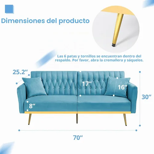 Vista 3 de Sofá cama futón de terciopelo de 70 pulgadas con reposabrazos ajustables, color azul bebé