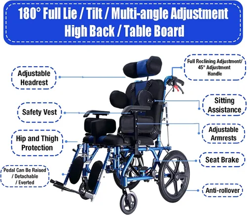 Vista 2 de Silla de ruedas Silla de ruedas totalmente acostada para accidente cerebrovascular hemiplejia discapacitada, parálisis cerebral, silla de ruedas