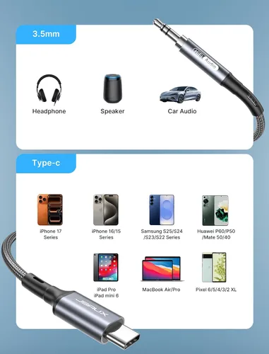 Vista 6 de JSAUX Cable USB C a conector auxiliar de audio de 0.1 in de 3.3 pies, cable