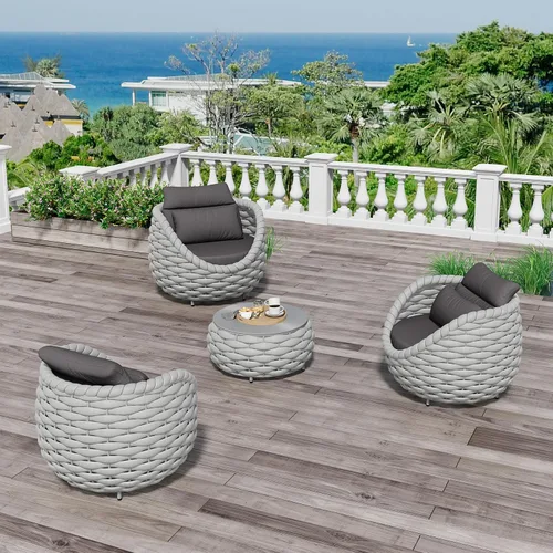 Vista 40 de Juego de muebles de patio de aluminio de 3 piezas: cuerda tejida a mano para conversación al aire libre, juego de 2 cojines modernos montados, juego