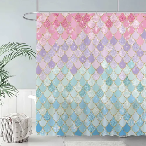 Vista 2 de Allenjoy Cortina de ducha con escamas de sirena de 72 x 72 pulgadas para baño, océano bajo el mar, decoración de baño rosa y azul, tela impermeable