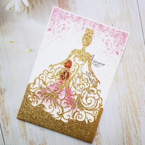 Vista 2 de 50 tarjetas de invitaciones de boda doradas cortadas con láser para cumpleaños, dulces 15 quinceañeras, invitaciones de fiesta de quinceañera, boda