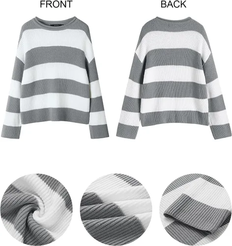 Vista 62 de ZESICA Suéter tejido sin botones de manga larga y cuello redondo, a rayas, bloques de color, cómodo, holgado, talla extragrande para mujer de 2024