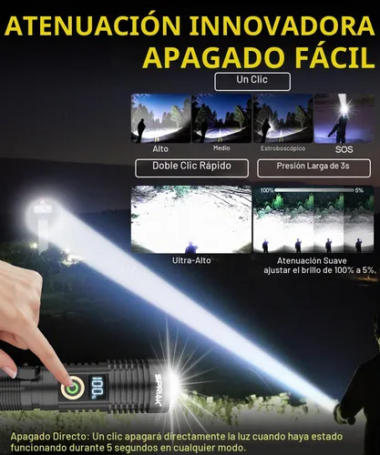Vista 5 de Linterna recargable de alto lúmenes, luz magnética súper brillante con pantalla digital de potencia, largo alcance, regulable, impermeable, linterna