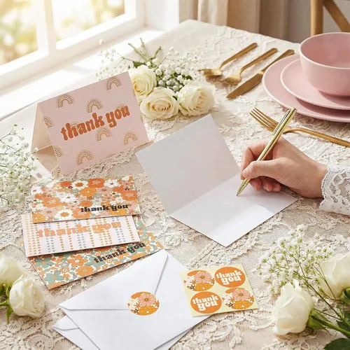 Vista 5 de AnyDesign Paquete de 36 tarjetas de agradecimiento de arco iris boho con calcomanías de sello a juego, sobres de tarjetas de felicitación hippie