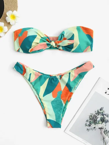 Vista 4 de ZAFUL - Juego de bikini con bandeau para mujer con estampado floral, corte alto, sin tirantes con nudo en frente. Traje de baño sexy