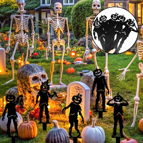 Vista 7 de 5 carteles de metal de Halloween para patio, decoraciones al aire libre, arte de metal negro, estacas de patio, esqueleto reutilizable, letrero