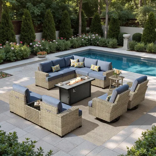 Vista 78 de HOOOWOOO Juego de muebles seccionales de patio con mesa de luz solar, 6 piezas de mimbre para exteriores, sofá en forma de L, juego de conversación