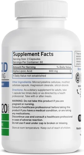Vista 2 de Bronson Ácido alfa lipoico 600 mg eliminador de radicales libres apoya la salud antioxidante, sin OMG, 120 cápsulas vegetarianas (60 porciones)