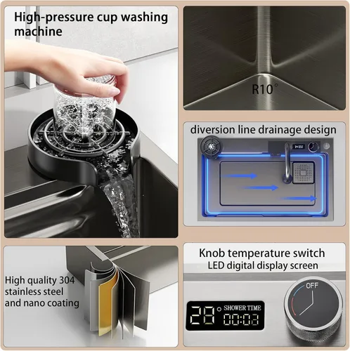 Vista 5 de Fregadero de cocina nano negro y gris 304 de acero inoxidable 304, fregadero de cocina con estación de trabajo de un solo tazón, fregadero de cocina
