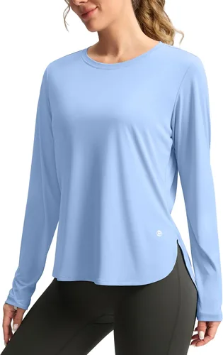 Vista 17 de Camisetas de sol para mujer, con protección ultravioleta FPU 50+, manga larga, ligera, de secado rápido, para entrenamiento, senderismo, para mujer
