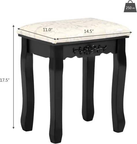 Vista 2 de Taburete de tocador, asiento acolchado suave, bonitos patrones y tallado delicado, negro, blanco