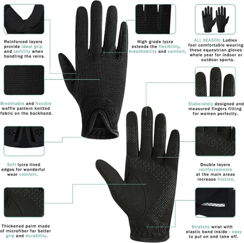 Vista 3 de ChinFun Guantes de equitación prémium para mujeres y jóvenes, transpirables, ligeros, con agarre cómodo