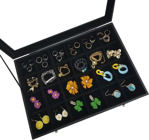 Vista 7 de Joyero de 24 rejillas extraíbles para aretes y anillos, caja organizadora con tapa transparente para mujeres y esposas (negro)