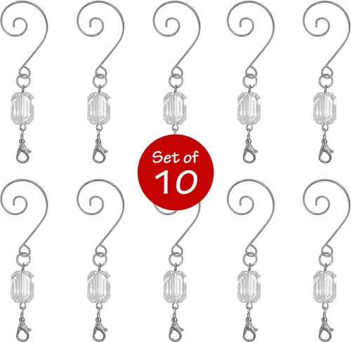 Vista 2 de Ganchos para adornos de Navidad, gemas de acrílico transparente, ganchos giratorios de alambre plateado, juego de 10 perchas de 3 pulgadas de largo