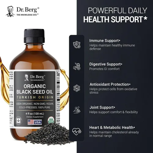 Vista 6 de Dr. Berg Aceite de Semilla Negra Orgánico Prensado en Frío – Puro Aceite de Nigella Sativa de Comino Negro – USDA Orgánico, Halal, Vegano