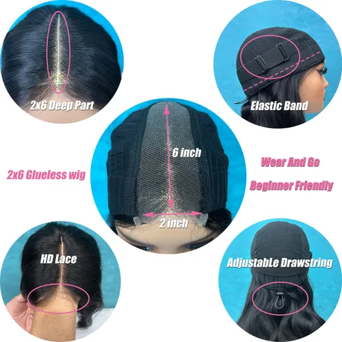 Vista 4 de Pelucas Douyin de llevar y usar sin pegamento de cabello humano predepiladas y precortadas onda corporal 2x6 con cierre de encaje HD de 30.48 cm