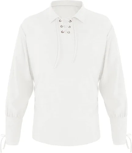 Vista 2 de Camisas de pirata vikingo medieval para hombre, disfraz renacentista, tops escoceses 01 Blanco