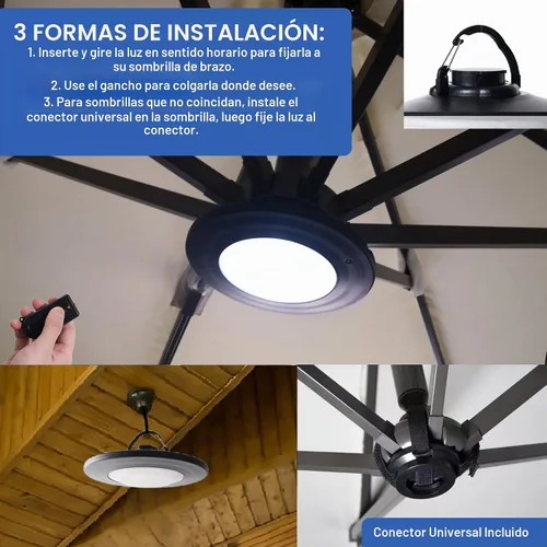Vista 3 de Luces de sombrilla con control remoto, luces de sombrilla voladizas recargables para patio con 3 modos de brillo, para sombrilla de patio compensada