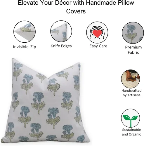 Vista 5 de Funda de cojín de algodón grueso hecha a mano con estampado de bloques, color blanco de 14 x 14 pulgadas, con cremallera, para sofá, sofá y cama
