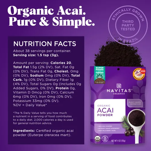 Vista 2 de Navitas Organics Acai en polvo – para cuencos de batidos, avena, salsas, salsas y más – antioxidantes, Omega 3 6 9, fibra – USDA orgánico, sin OMG