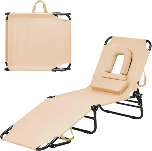 Vista 10 de Sillón plegable de playa con 5 respaldos ajustables y almohada acolchada, tumbona para tomar el sol, silla plana de bronceado para cubierta de Azul