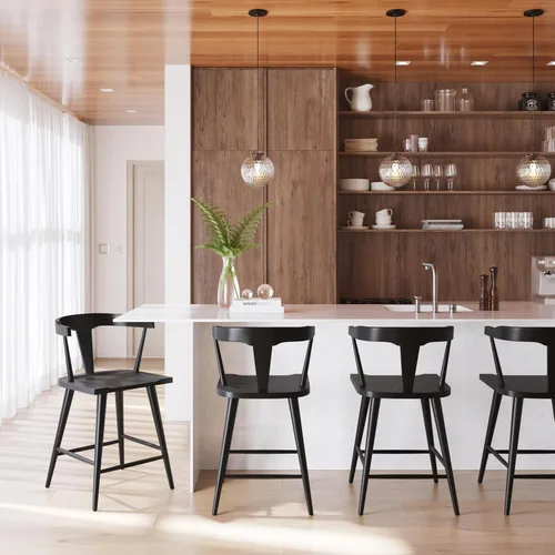 Vista 2 de Poly & BARK Enzo Taburete de mostrador – Moderno taburete de bar tapizado con respaldo curvo, asiento acolchado, tapicería premium, patas de madera