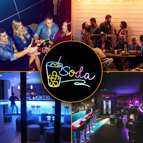 Vista 6 de Letrero de neón de Soda con luz LED, señal de neón regulable para cócteles para decoración de pared 42,4 cm X 30 cm, señal de neón para bar