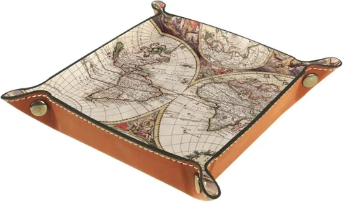Vista 2 de Bandeja de cuero para hombres y mujeres, bandeja de cuero, bandeja de joyería, bandeja de captación, mapa retro del mundo de la carretera, bandeja