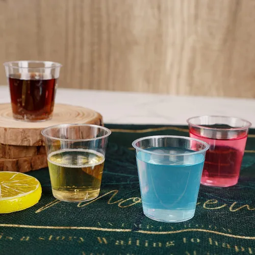 Vista 4 de Zcaukya 100 vasos de chupito, vasos duros desechables de plástico transparente de 1 oz, mini tazas, gran recipiente para salsa, degustación