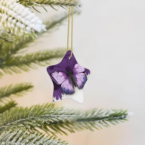 Vista 16 de Adornos de árbol de Navidad colgantes de mariposa morada, adornos de cerámica, decoración de porcelana de Navidad, adorno colgante para el hogar