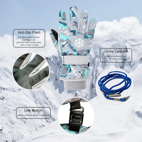 Vista 2 de Caudblor Guantes de esquí para niños, guantes de invierno impermeables para niños y niñas, guantes de invierno aislados para jóvenes de 7 a 12 años