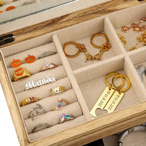 Vista 6 de Cajas de viaje de joyería personalizadas con nombre y flor de nacimiento, caja de joyería de terciopelo y madera para mujeres y niñas, caja