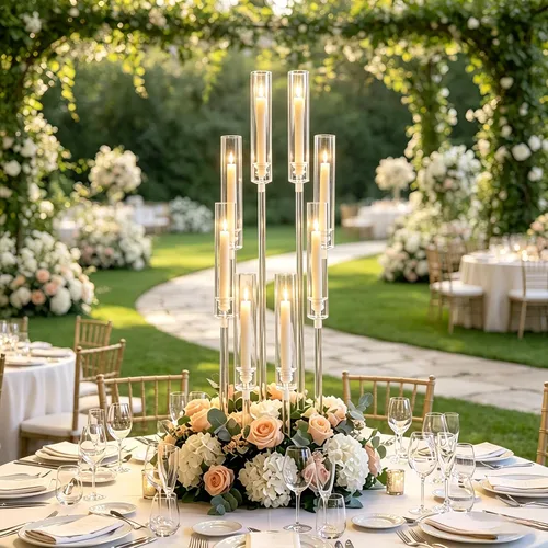 Vista 9 de Portavelas transparentes de 8 brazos para decoración de boda, candelabro alto de acrílico con pantalla para eventos del día de San Valentín, fiesta