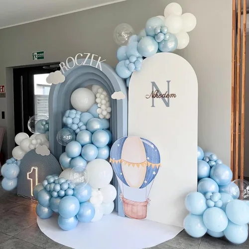 Vista 3 de Kit de arco de globos azules, 128 piezas globos azules y blancos, globos azules y blancos de doble relleno, globos de color azul claro y blanco