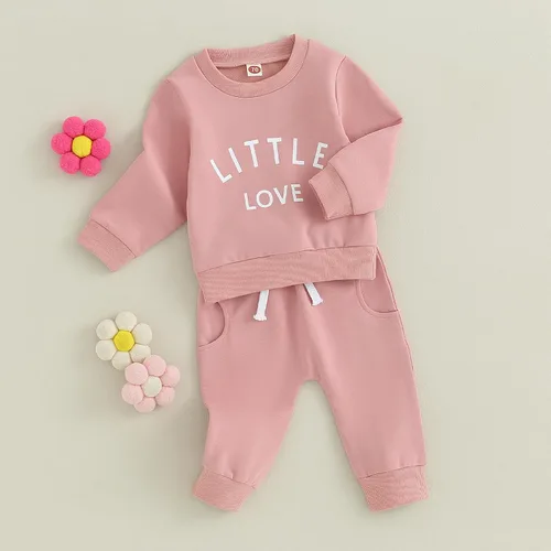 Vista 6 de Trajes de otoño e invierno para niña pequeña, camisa de manga larga con cuello redondo y pantalones sólidos, ropa de 2 piezas, Rosado