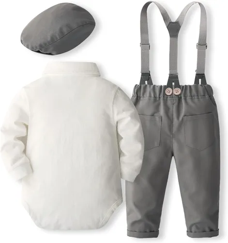 Vista 2 de SALNIER Conjunto de ropa de traje de bebé niño esmoquin trajes de caballero trajes de corbatín camisa tirantes pantalones boina sombrero