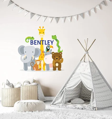 Vista 6 de Calcomanía de pared con nombre personalizado de animales de la selva, diseño de animales del zoológico de safari para bebé, calcomanía de pared