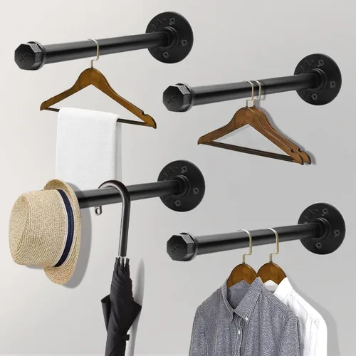 Vista 2 de Perchero industrial para ropa de tubería de 12 pulgadas, paquete de 4 unidades, perchero montado en la pared, resistente, rústico, vintage, acero