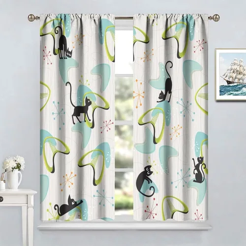 Vista 4 de Cortinas de gato negro de mediados de siglo, moderno diseño geométrico abstracto atómico de explosión de estrellas para dormitorio, sala de estar