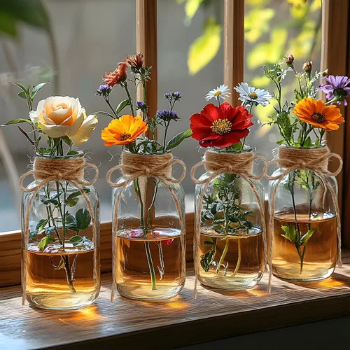 Vista 14 de Jarrones de vidrio vintage para flores, juego de 3 jarrones transparentes para centro de mesa de boda estilo granja, botella cilíndrica