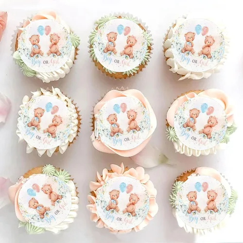 Vista 9 de 24 piezas de decoración para cupcakes con temática de "We Can Bearly Wait" Oso de globos brillantes, decoración temática de revelación de género