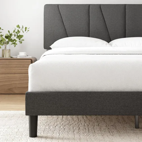 Vista 9 de Zinus - Base de cama Maya tapizada tamaño Full con cabecero asimétrico, listones de madera duraderos, estructura resistente, sueño sin ruido,